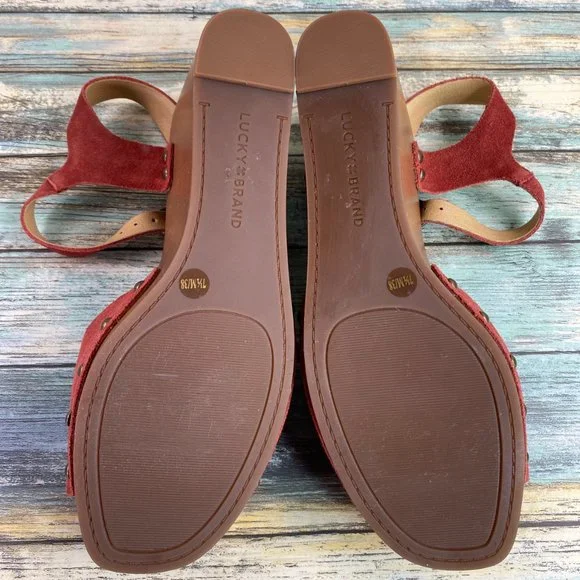 Lucky Brand Zashti Wedge Sandals Size 7.5M Currant Red Suede Womens - Picture 7 of 12